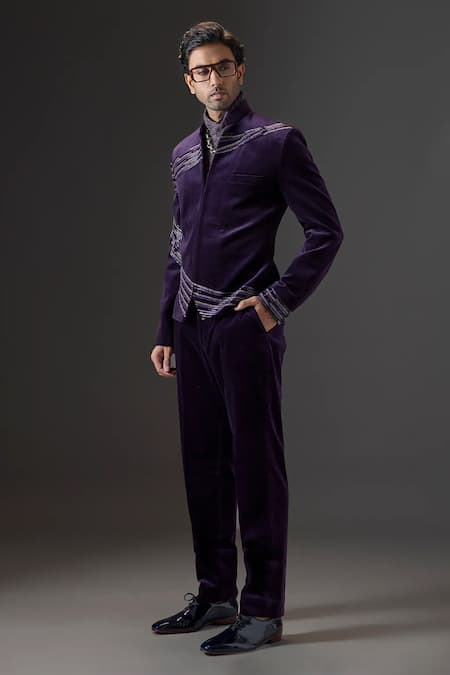 Mukti And Kavith Casa_Purple Suede, Cotton Embroidery, The Imperial Eclipse Tuxedo And Pant Set _Online_at_Aza_Fashions