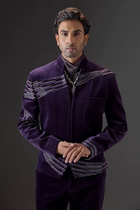 Buy_Mukti And Kavith Casa_Purple Suede, Cotton Embroidery, The Imperial Eclipse Tuxedo And Pant Set _Online_at_Aza_Fashions