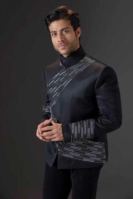 Buy Mukti And Kavith Casa Black Cotton, Suede Sequins, Metallic Noir Pattern Bandhgala Set Online at Aza Fashions Buy_Mukti And Kavith Casa_Black Cotton, Suede Sequins, Metallic Noir Pattern Bandhgala Set _Online_at_Aza_Fashions