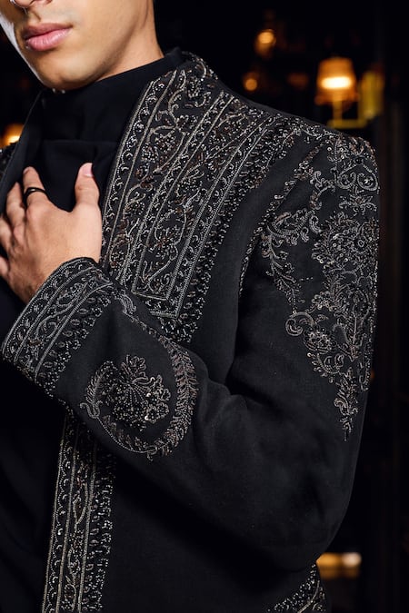 Mukti And Kavith Casa Black Suede, Crepe Embroidery, Sequins, Beads Jacket Pant Set Online at Aza Fashions Mukti And Kavith Casa_Black Suede, Crepe Embroidery, Sequins, Beads Jacket Pant Set _Online_at_Aza_Fashions