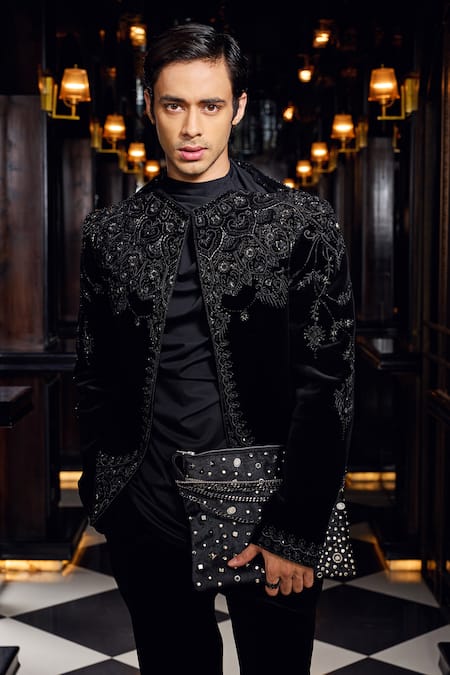 Mukti And Kavith Casa_Black Crepe, Suede Sequins, Embroidery Jacket Pant Set _Online_at_Aza_Fashions