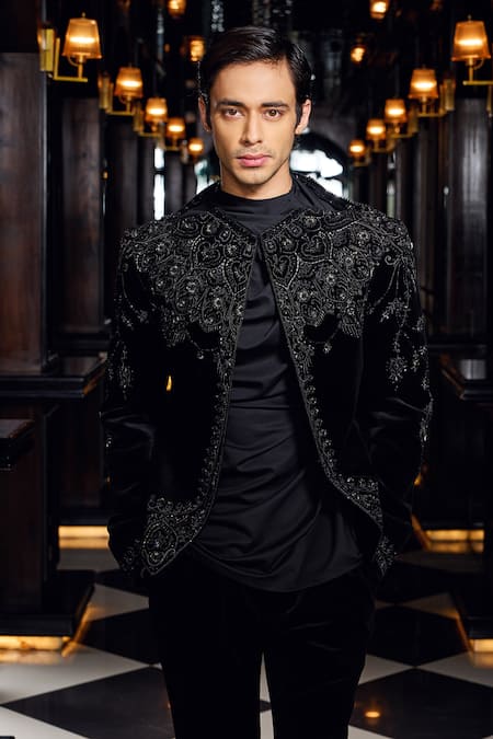 Buy_Mukti And Kavith Casa_Black Crepe, Suede Sequins, Embroidery Jacket Pant Set _Online_at_Aza_Fashions