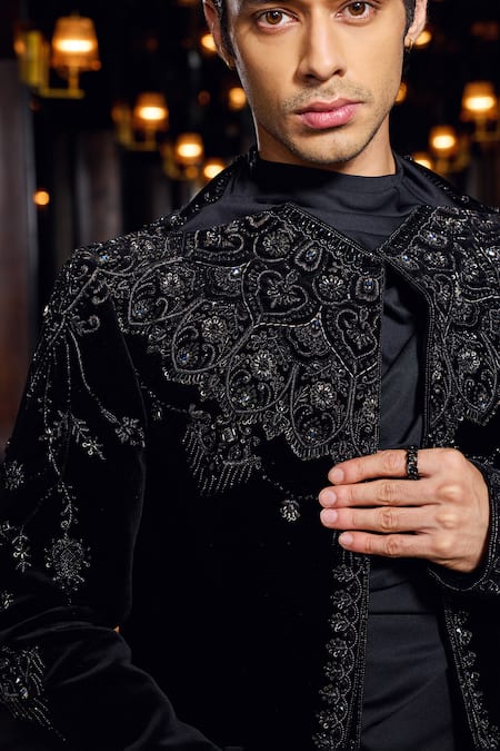 Shop_Mukti And Kavith Casa_Black Crepe, Suede Sequins, Embroidery Jacket Pant Set _Online_at_Aza_Fashions