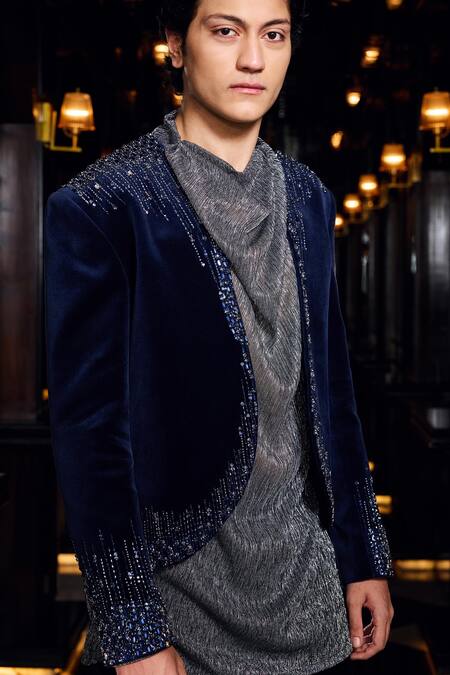 Mukti And Kavith Casa Navy Satin, Suede, Midnight Spark Embellished Jacket Pant Set Online at Aza Fashions Mukti And Kavith Casa_Navy Satin, Suede, Midnight Spark Embellished Jacket Pant Set _Online_at_Aza_Fashions