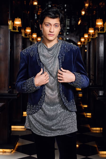 Shop Mukti And Kavith Casa Navy Satin, Suede, Midnight Spark Embellished Jacket Pant Set Online at Aza Fashions Shop_Mukti And Kavith Casa_Navy Satin, Suede, Midnight Spark Embellished Jacket Pant Set _Online_at_Aza_Fashions