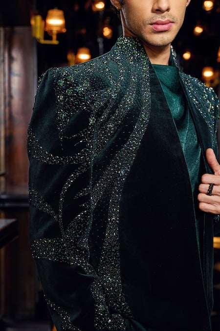Shop Mukti And Kavith Casa Green Cotton, Suede, Crepe Sequins, Emerald Luxe Embellished Jacket Pant Set Online at Aza Fashions Shop_Mukti And Kavith Casa_Green Cotton, Suede, Crepe Sequins, Emerald Luxe Embellished Jacket Pant Set _Online_at_Aza_Fashions