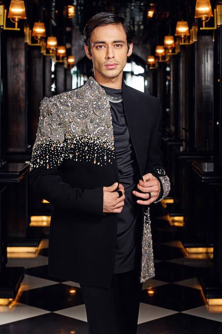 Mukti And Kavith Casa Black Crepe Beads, Stones, Embroidery Imperial Orion Jacket Pant Set Online at Aza Fashions Mukti And Kavith Casa_Black Crepe Beads, Stones, Embroidery Imperial Orion Jacket Pant Set _Online_at_Aza_Fashions