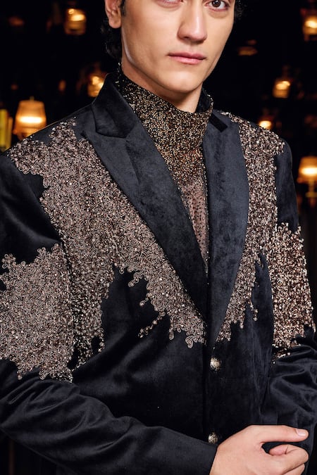 Buy_Mukti And Kavith Casa_Black Suede, Organza Beads, Embroidery, Regal Noir Beaded Embellished Tuxedo Set _Online_at_Aza_Fashions