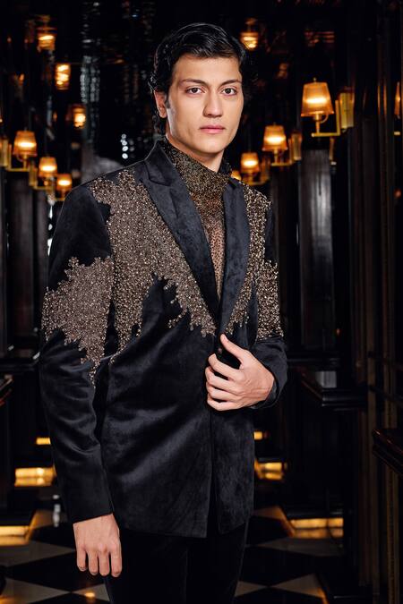 Shop_Mukti And Kavith Casa_Black Suede, Organza Beads, Embroidery, Regal Noir Beaded Embellished Tuxedo Set _Online_at_Aza_Fashions