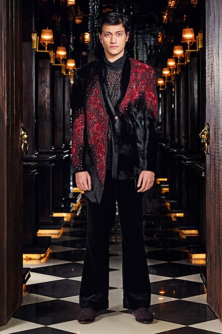 Mukti And Kavith Casa Crimson Eclipse Embellished Tuxedo Set 