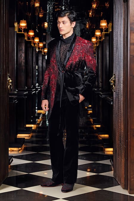 Mukti And Kavith Casa Crimson Eclipse Embellished Tuxedo Set 