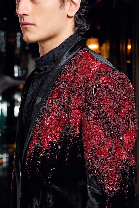 Buy_Mukti And Kavith Casa_Black Velvet Beads, Sequins, Embroidery Crimson Eclipse Embellished Tuxedo Set _Online_at_Aza_Fashions