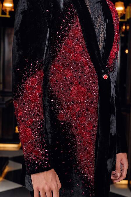 Mukti And Kavith Casa_Black Velvet Beads, Sequins, Embroidery Crimson Eclipse Embellished Tuxedo Set _at_Aza_Fashions