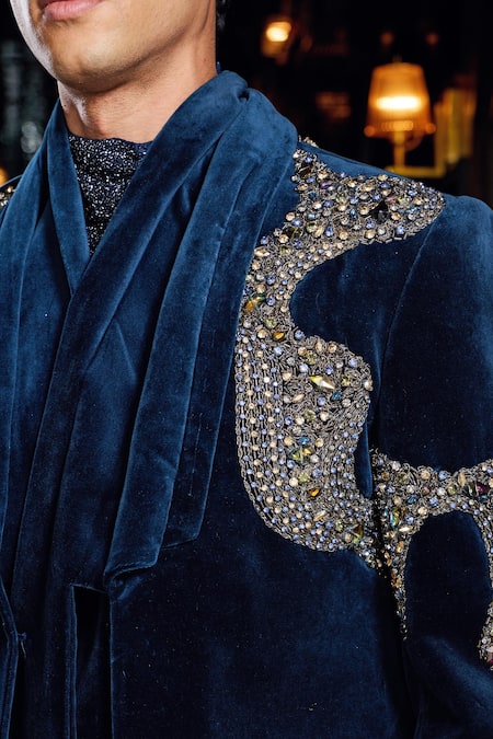 Buy_Mukti And Kavith Casa_Navy Suede, Cotton Stones, Beads Embellished Tuxedo Pant Set _Online_at_Aza_Fashions