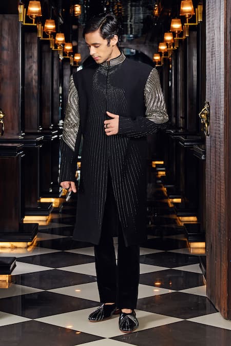 Mukti And Kavith Casa Imperial Eclipse Striped Embroidered Sherwani & Pant Set 