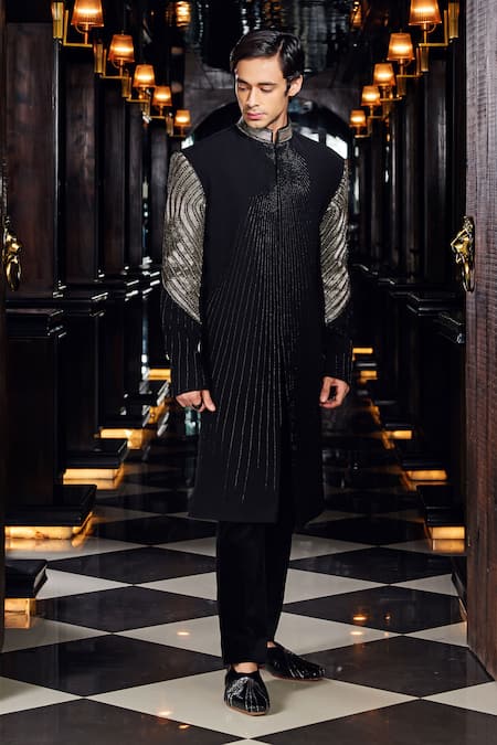 Mukti And Kavith Casa Black Suede, Cotton Imperial Eclipse Striped Embroidered Sherwani And Pant Set Online at Aza Fashions Mukti And Kavith Casa_Black Suede, Cotton Imperial Eclipse Striped Embroidered Sherwani And Pant Set _Online_at_Aza_Fashions