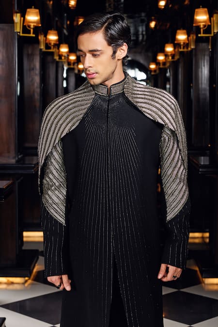 Shop Mukti And Kavith Casa Black Suede, Cotton Imperial Eclipse Striped Embroidered Sherwani And Pant Set Online at Aza Fashions Shop_Mukti And Kavith Casa_Black Suede, Cotton Imperial Eclipse Striped Embroidered Sherwani And Pant Set _Online_at_Aza_Fashions