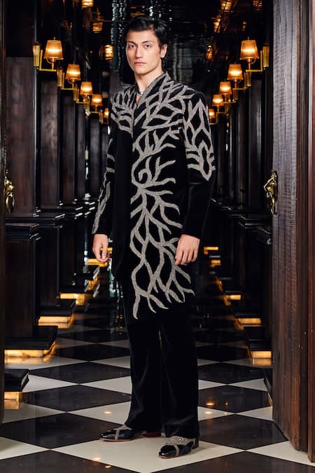 Mukti And Kavith Casa_Black Suede Embroidery, Sequins Midnight Vine Motif Sherwani Set _Online_at_Aza_Fashions