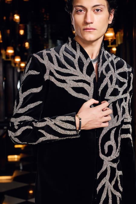 Shop_Mukti And Kavith Casa_Black Suede Embroidery, Sequins Midnight Vine Motif Sherwani Set _Online_at_Aza_Fashions