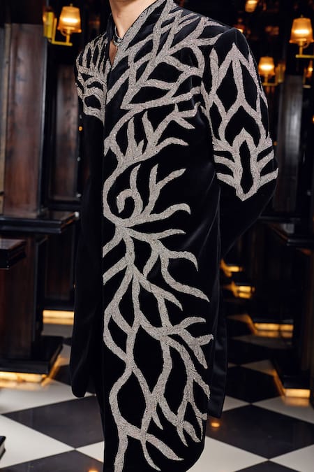 Mukti And Kavith Casa_Black Suede Embroidery, Sequins Midnight Vine Motif Sherwani Set _at_Aza_Fashions