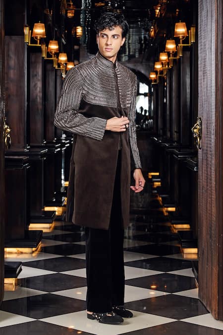 Buy_Mukti And Kavith Casa_Brown Suede, Cotton Embroidery, Zari Embellished Sherwani And Pant Set _Online_at_Aza_Fashions