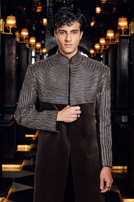 Shop_Mukti And Kavith Casa_Brown Suede, Cotton Embroidery, Zari Embellished Sherwani And Pant Set _Online_at_Aza_Fashions
