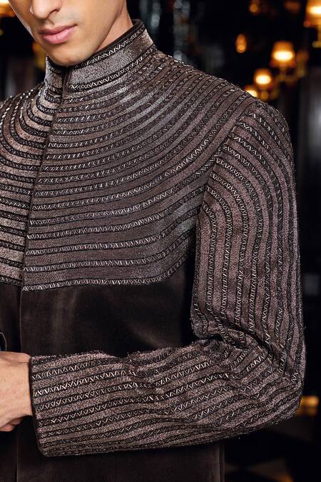 Mukti And Kavith Casa_Brown Suede, Cotton Embroidery, Zari Embellished Sherwani And Pant Set _at_Aza_Fashions