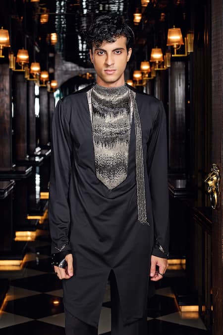 Shop_Mukti And Kavith Casa_Black Crepe Beads, Metallic Thread Midnight Embroidered Kurta And Palazzo Set _Online_at_Aza_Fashions