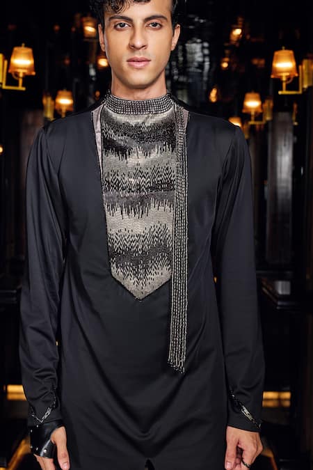 Mukti And Kavith Casa_Black Crepe Beads, Metallic Thread Midnight Embroidered Kurta And Palazzo Set _at_Aza_Fashions