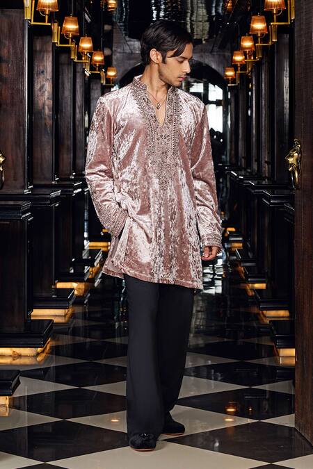 Buy_Mukti And Kavith Casa_Peach Velvet Embroidery, Beads, Stones Kurta Set _Online_at_Aza_Fashions