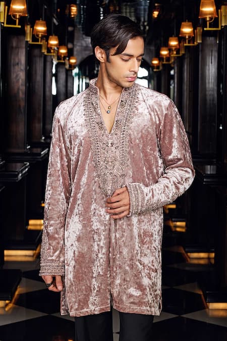 Shop_Mukti And Kavith Casa_Peach Velvet Embroidery, Beads, Stones Kurta Set _Online_at_Aza_Fashions