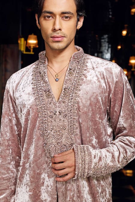 Mukti And Kavith Casa_Peach Velvet Embroidery, Beads, Stones Kurta Set _at_Aza_Fashions