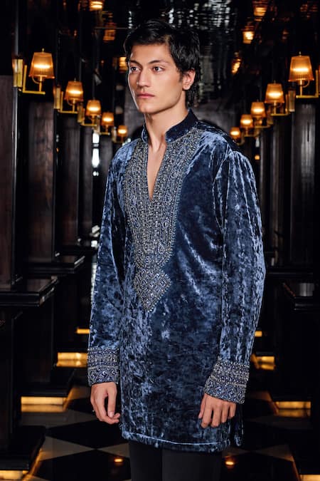 Buy_Mukti And Kavith Casa_Blue Velvet Embroidery, Beads, Sequins Twilight Kurta And Palazzo Set _Online_at_Aza_Fashions