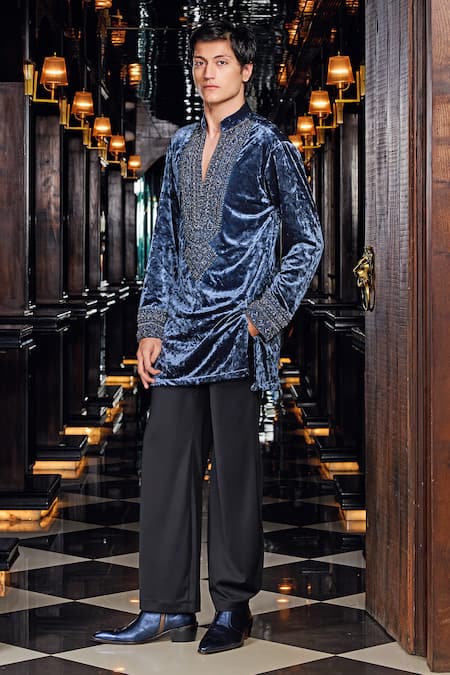 Shop_Mukti And Kavith Casa_Blue Velvet Embroidery, Beads, Sequins Twilight Kurta And Palazzo Set _Online_at_Aza_Fashions