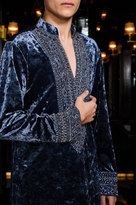 Mukti And Kavith Casa_Blue Velvet Embroidery, Beads, Sequins Twilight Kurta And Palazzo Set _at_Aza_Fashions