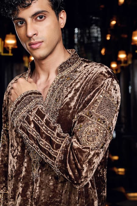 Buy_Mukti And Kavith Casa_Brown Velvet Embroidery, Beads, Sequins Kurta Set _Online_at_Aza_Fashions