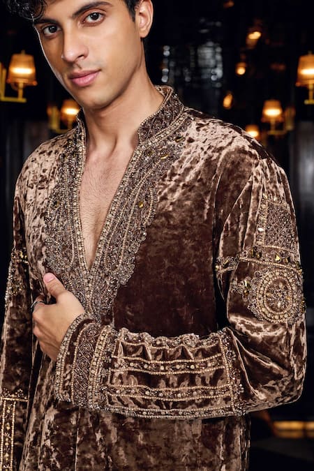 Shop_Mukti And Kavith Casa_Brown Velvet Embroidery, Beads, Sequins Kurta Set _Online_at_Aza_Fashions