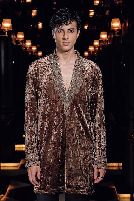 Mukti And Kavith Casa_Brown Velvet Embroidery, Beads, Sequins Kurta Set _at_Aza_Fashions