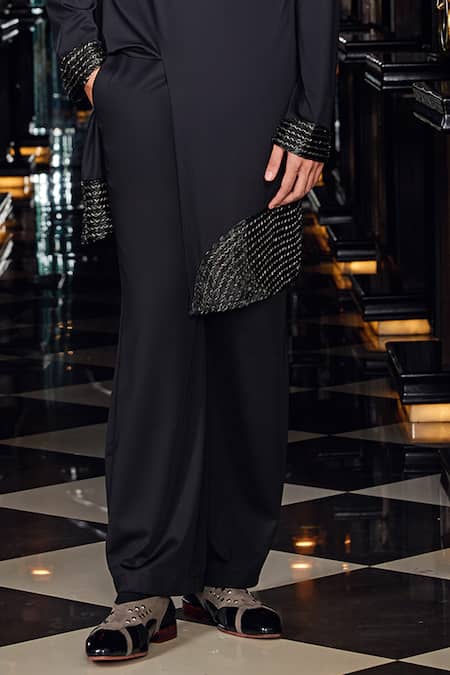 Mukti And Kavith Casa_Black Crepe Embroidery, Metallic Thread Obsidian Weave Kurta And Palazzo Set _Online_at_Aza_Fashions