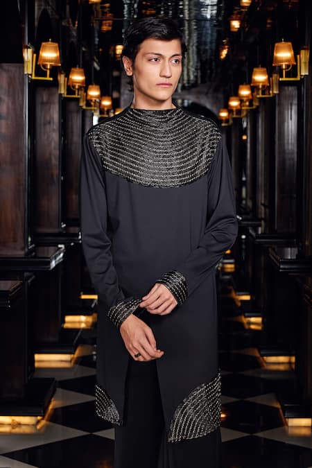 Shop_Mukti And Kavith Casa_Black Crepe Embroidery, Metallic Thread Obsidian Weave Kurta And Palazzo Set _Online_at_Aza_Fashions