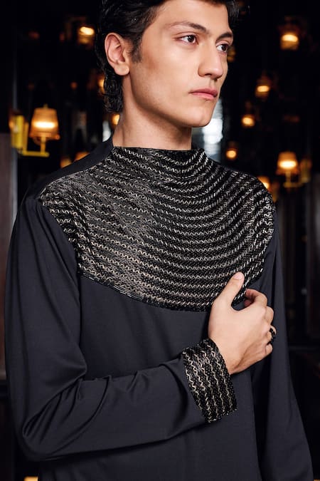 Mukti And Kavith Casa_Black Crepe Embroidery, Metallic Thread Obsidian Weave Kurta And Palazzo Set _at_Aza_Fashions