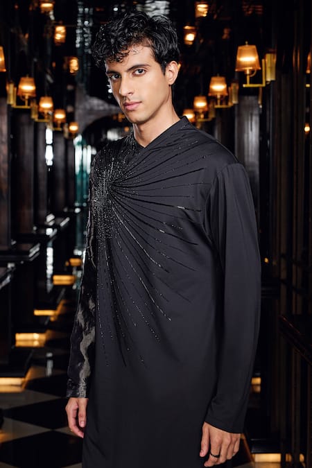 Buy_Mukti And Kavith Casa_Black Crepe Beads, Embroidery Midnight Radiance Asymmetric Kurta And Palazzo Set _Online_at_Aza_Fashions