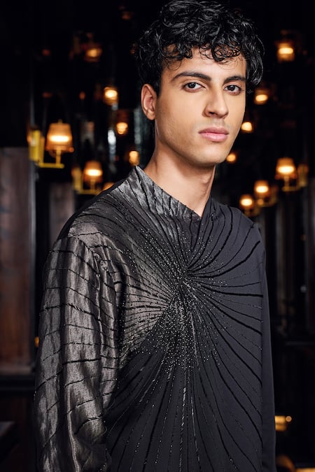 Mukti And Kavith Casa_Black Crepe Beads, Embroidery Midnight Radiance Asymmetric Kurta And Palazzo Set _at_Aza_Fashions