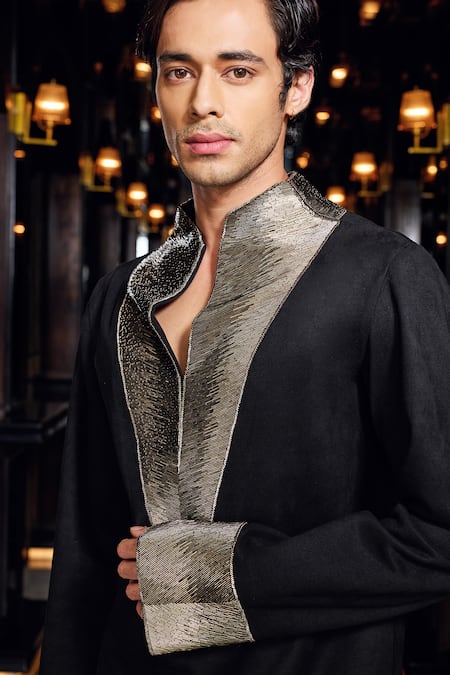 Mukti And Kavith Casa_Black Crepe Embroidery, Metallic Thread Regal Obsidian Kurta Set _at_Aza_Fashions