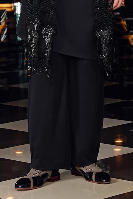 Mukti And Kavith Casa_Black Crepe, Tissue Silver Nocturne Stylized Panelled Kurta And Palazzo Set _Online_at_Aza_Fashions