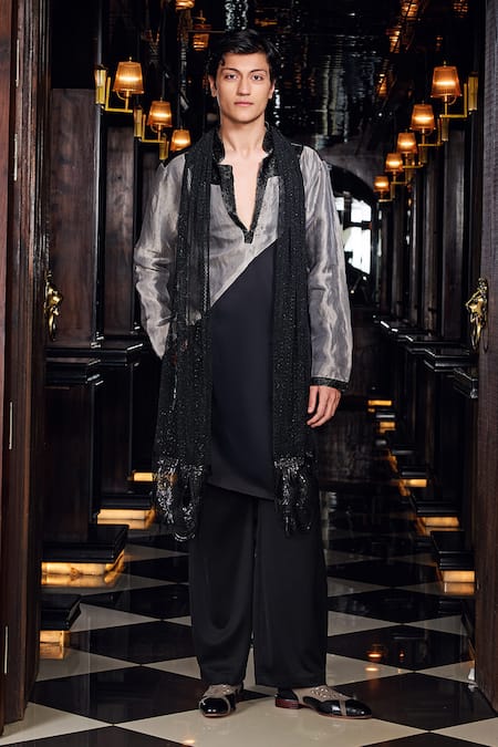 Mukti And Kavith Casa Silver Nocturne Stylized Panelled Kurta & Palazzo Set 