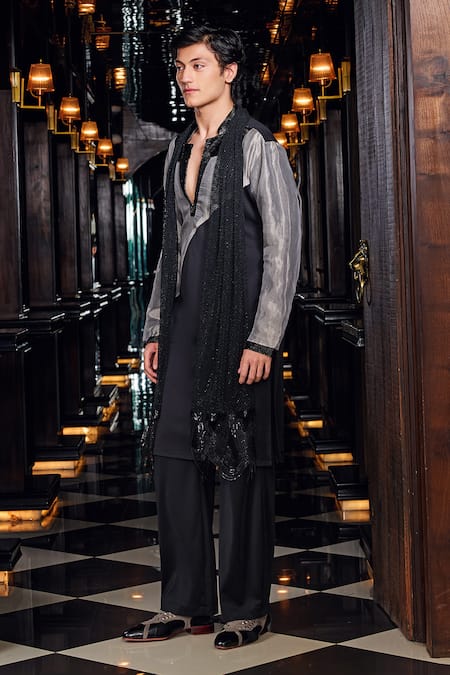 Mukti And Kavith Casa Silver Nocturne Stylized Panelled Kurta & Palazzo Set 