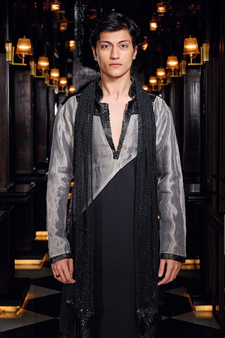 Shop_Mukti And Kavith Casa_Black Crepe, Tissue Silver Nocturne Stylized Panelled Kurta And Palazzo Set _Online_at_Aza_Fashions