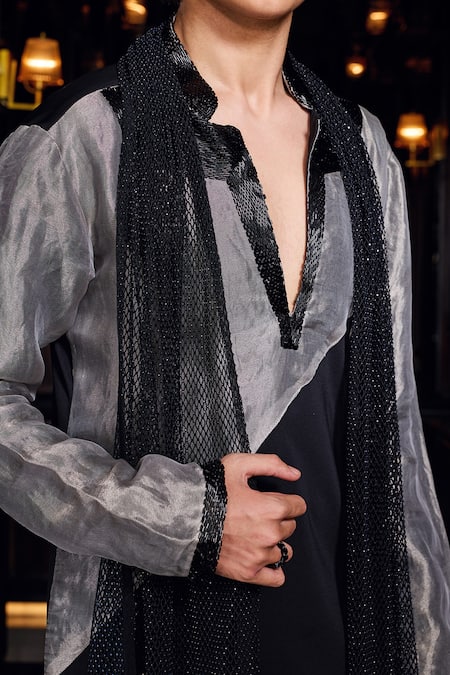 Mukti And Kavith Casa_Black Crepe, Tissue Silver Nocturne Stylized Panelled Kurta And Palazzo Set _at_Aza_Fashions