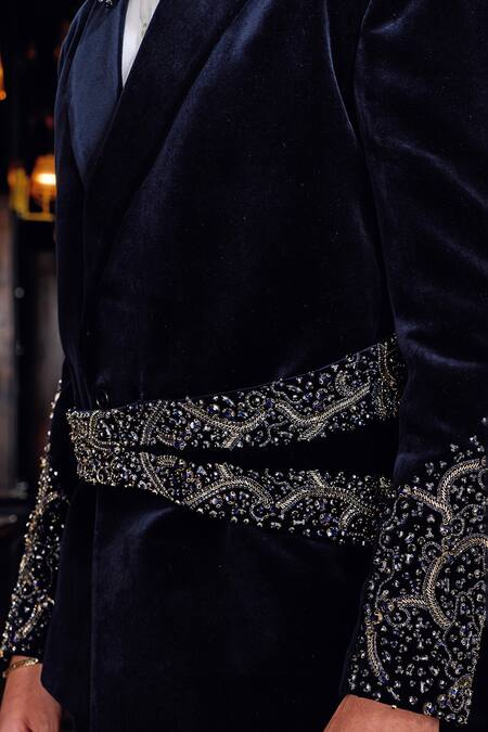 Buy_Mukti And Kavith Casa_Navy Cotton, Satin Beads, Sequins, Embroidery Midnight Regent Tuxedo Set _Online_at_Aza_Fashions